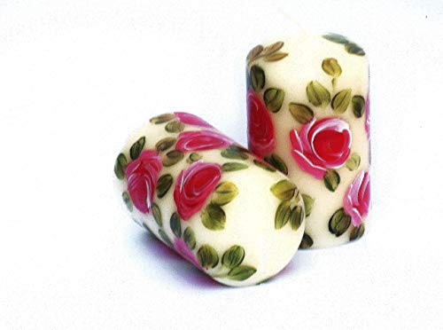 Romantic Decorative Hand Painted Pink Roses Large 3 Inch Tall Ivory Votive Candles Set Of 2 Victorian Shabby Chic Decor #TOP4