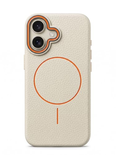 Image of amazon basics Luxury MagSafe Compatible Leather Texture Back Cover for iPhone 16 | Raised Camera Protection | Slim Fit Shockproof Case with Metallic Accents (White)