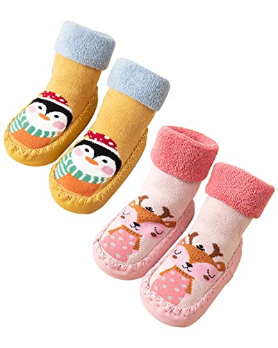 Adorel Baby Hüttenschuhe Gefüttert Frottee Anti-Rutsch Winter Socken 2 Paar Rosa Hirsch & Gelb Pinguin 6-12 Monate (Herstellergröße 12)