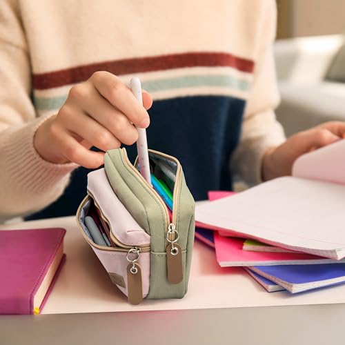 Image of Large Pencil Case, Pencil Pouch with Zipper Compartments, Aesthetic Pencil Case for Adults, Stationery Pouch Pen Case for Office (Green&Pink)