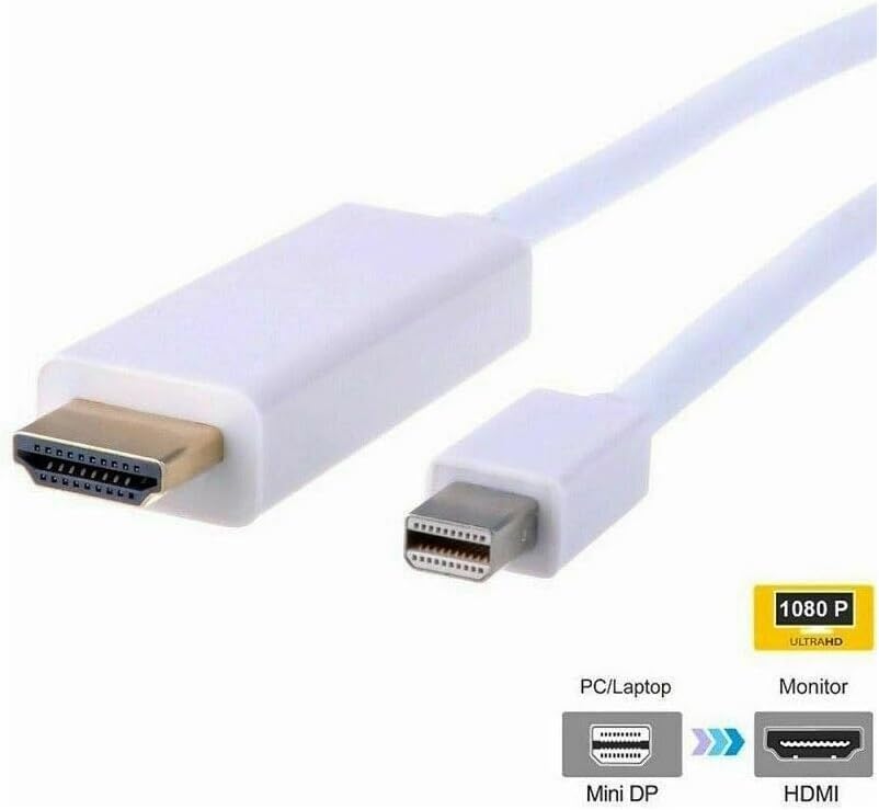 Mini Displayport to HDMI Cable, Thunderbolt 1/2 to HDMI Cable Supports 1080P Full HD, Mini DP to HDMI Lead Compatible with Surface, Monitor, Projector and More - 1.8 Meter White