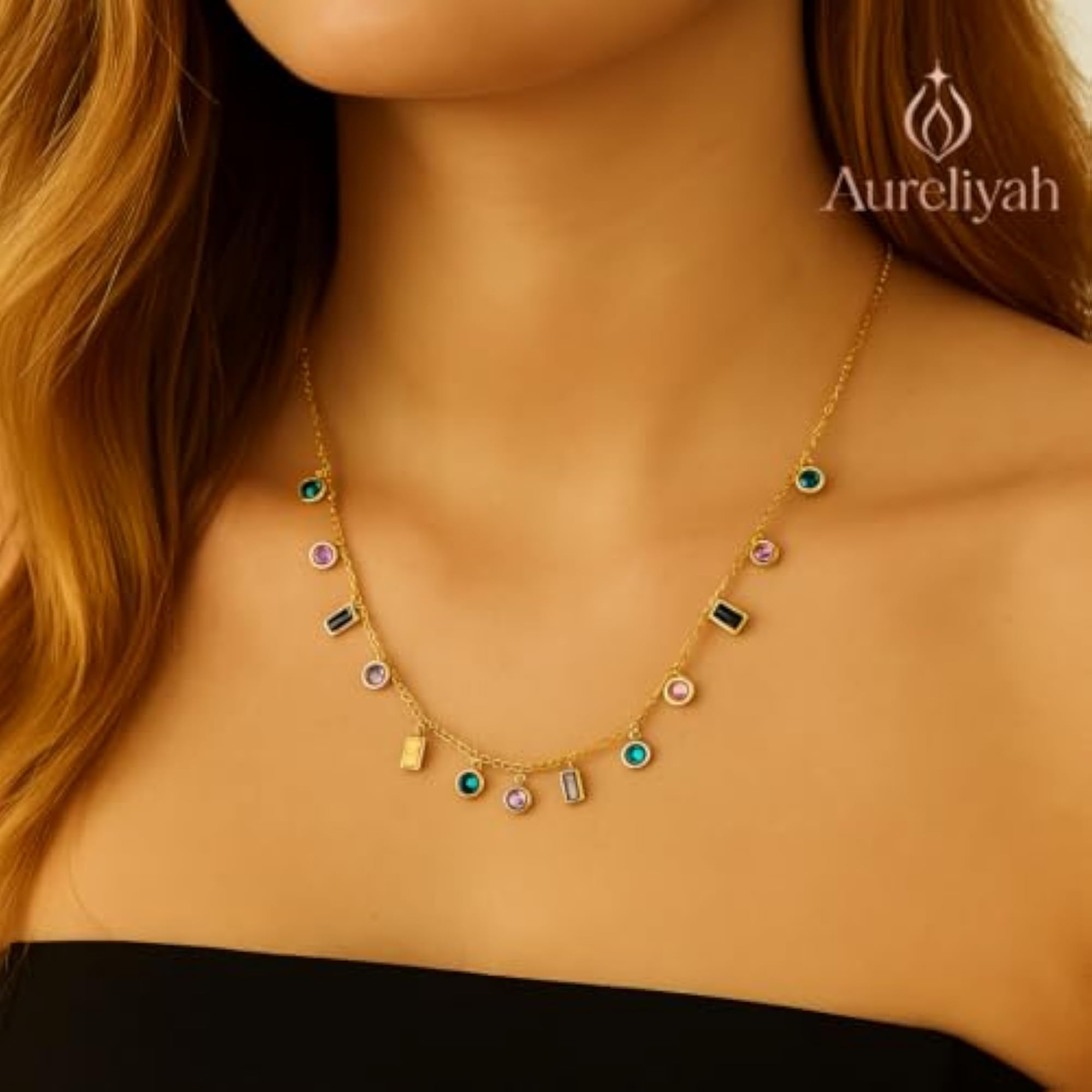 Women's Gold Plated Multicolor CZ Station Necklace, Elegant Gift