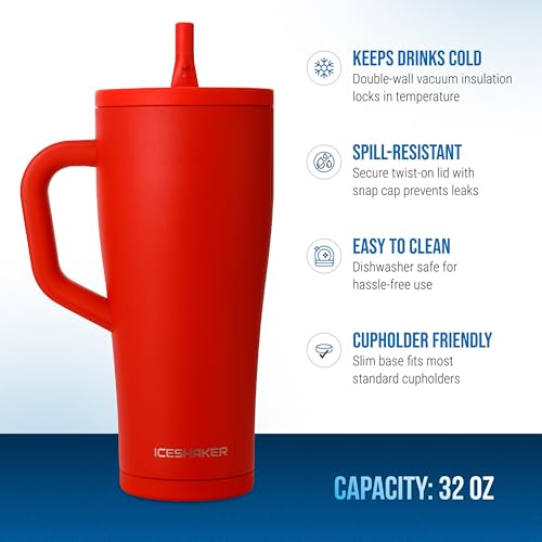 Image of Ice Shaker 32 oz Tumbler with Handle and Straw | 32oz Red | Cold for 30+ Hours | 2-in-1 Tumbler Shaker Bottle | Odor-Free 32 ounce Bottle for Water, Protein Shakes, Smoothies, Cocktails