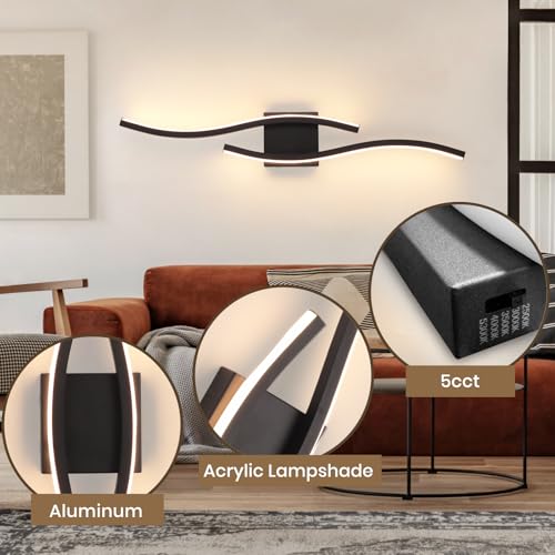 Image of Modern Black Wall Sconce, 5CCT Dimmable Indoor Led Wall Sconce Lighting, Hardwire Black Led Wall Lamps for Living Room Bedroom Bathroom Hallway, Indoor Wall Decor Bedside Wall Lamp, 31.5Inch