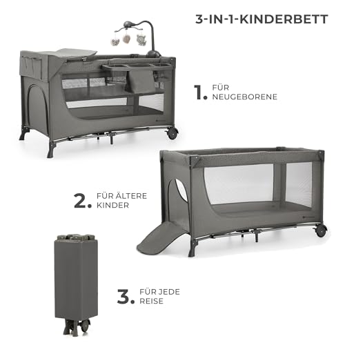 Kinderkraft Joy 2 Acc Kinderbett, 3 in 1 Kinderreisebett, Babybetten, Kinderbett, Reisebett, Modernes Design, Kleine Abmessungen nach Zusammenklappe, Praktisches Zubehör, Räder, Dunkelgrau
