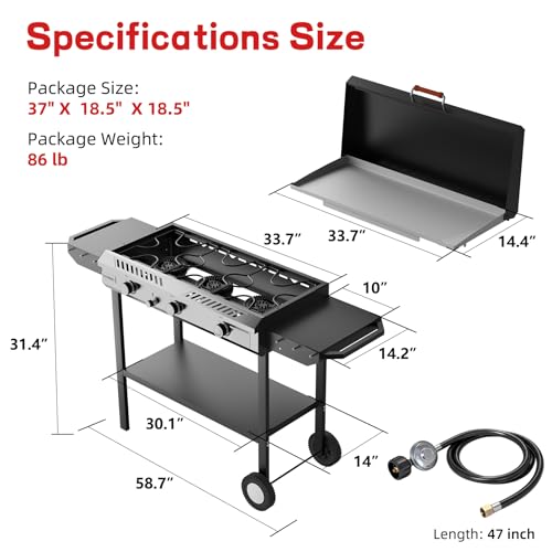 Image of 2-in-1 Propane Stove & Griddle Combo, 225,000 BTUs, Steel Cooking Surface | Outdoor Cooking Stove with Auto Ignition Button, Flat Top Grill, Outdoor Gas Griddle with Rolling Wheels