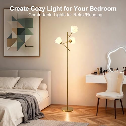 Image of Fiqevs Mid Century Modern Floor Lamp with 3 Adjustable Flower Shade - Floral LED Standing Light with Foot Switch & Light Bulb, Sputnik Tree Lamp for Living Rooms Bedrooms - Antique Brass /Gold