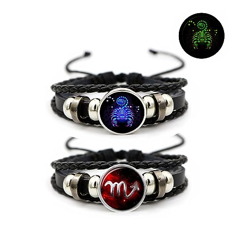 2Pcs Multilayer Constellation Zodiac Leather Bracelet Vintage Black Leather Bracelet Adjustable Handmade Woven Bracelet Birthday Trendy Jewelry for Women Men