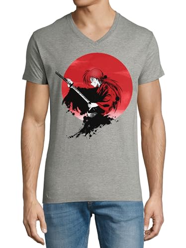 T-shirt col en V gris en coton homme Anime 182 mode ete