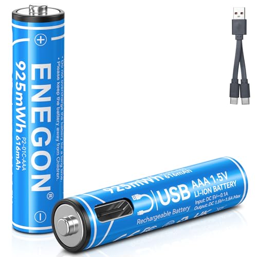 ENEGON AAA Rechargeable Batteries 2 Pack, 1.5V 925mWh USB C Lithium Batteries with 2-in-1 Charging Cable, No Charger Needed, USB Rechargeable, Eco-Friendly, for High-Drain Devices