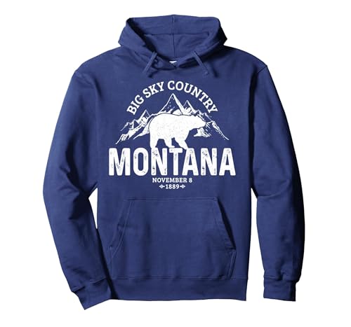 Montana Grizzly Bear Vintage Camping Hiking Souvenir Pullover Hoodie, Adult Unisex, Navy Blue, X-Large