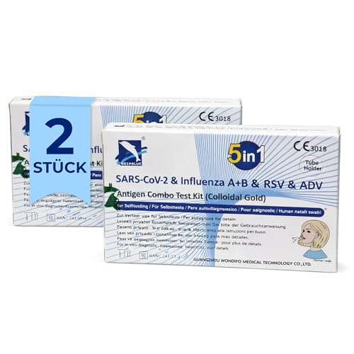 5-in-1 Antigen Schnelltest SARS-CoV-2 || 2 Stück || Influenza A+B, RSV & Adenovirus | Selbsttest für Zuhause | Ergebnis in 15 Minuten | CE 3018 zertifiziert – 2025 Varianten-gültig