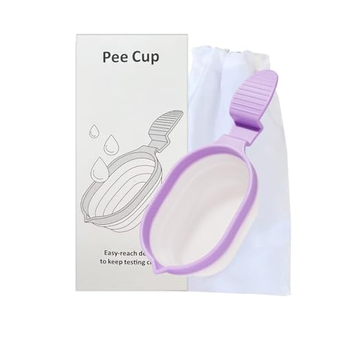 Mess-Free Testing Reusable Collapsible Silicone Urine Cup with Splash-Resistant Design, Long Handle & Test Strip Slot for Pregnancy & Ovulation Tests, Travel Pouch Included (Purple)