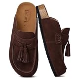 Suede Clogs for Women Genuine Leather Mules & Clogs with Tassel Fringe Comfort Cork Footbed Slip On Women's Sandals Closed Round Toe Casual Sandals Brown