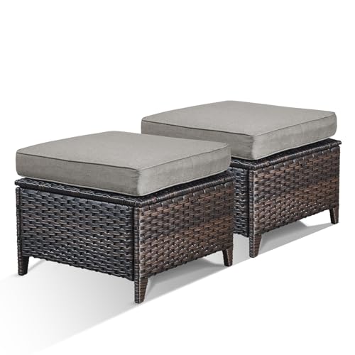 Bellefurn Patio Ottomans Set of 2 Outdoor Ottomans Wicker Foot Stools 2 Piece Footrest PE Rattan Ottomans with Thickened Cushions for Patio Garden Porch Balcony Poolside Deck, Brown|Grey