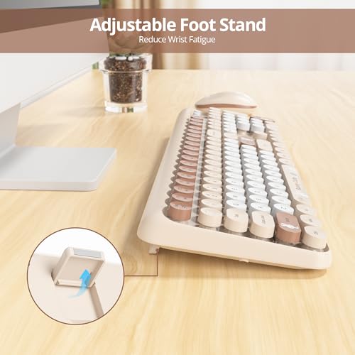 Image of Owpkeenthy Cute Beige Keyboard and Mouse Wireless, Colorful Keyboard Retro Typewriter Style Full-Sized with Number Pad Round Keys for Desktop, Laptop and Computerr (Bunny Beige)