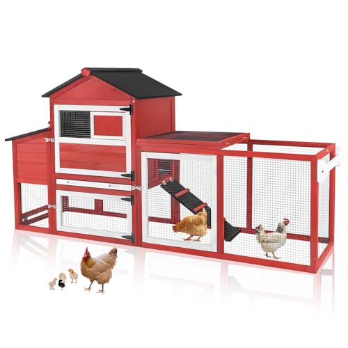 Aivituvin Chicken Coop Expandable Mobile Chicken House for Outdoor with Wheels, Nesting Box, Leakproof Pull-on Tray and UV-Resistant Roof Panel (Red)