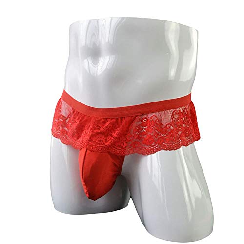 Men's Frilly Lace Trim Sissy Skirted Panties T-Back G-String Thongs Briefs Girly Lingerie Crossdress Underwear Red One Size #TOP1