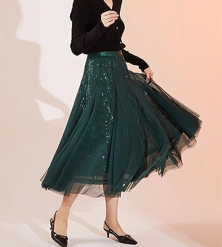 Sequin Long Tulle Skirt Layered Flowy Fairy Sparkle Party Mesh Tea Length Big Hem Skirts for Women3