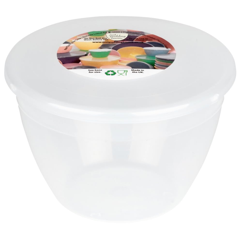 Just Pudding Basins 1 Pint Plastic Pudding Bowls with Lids, Reusable Steaming and Microwave Food Storage Containers for Christmas Desserts, Clear Kitchen Basins, 570ml 6 Pack