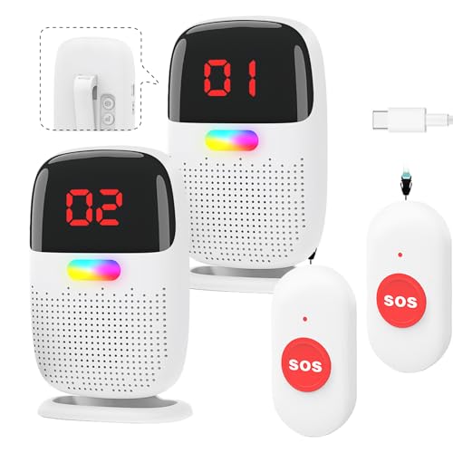 Caregiver Pager System with Digital Display for Elderly Assistance, Fall Prevention, and Nurse Calling，Wearable Wireless Pager for Patient Help at Home (2 Call Buttons + 2 Receivers)