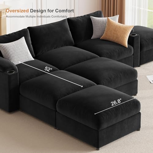 Image of Sectional Couches for Living Room FSC Certified Chenille Modular Couch Oversized Cloud U Shaped Convertible Sleeper Sofa Chaise Detachable Armrest Cushion (Chenille Black, U Shape 6 Seat)