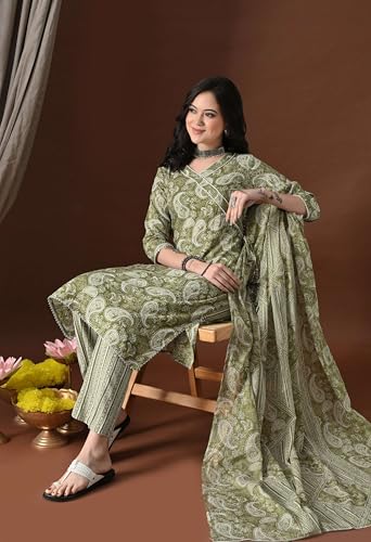 Image of Amazon Brand - Tavasya Women Cotton Anarkali Kurta Pant Dupatta Set | Printed Ethnic Suit Set | Flared Anarkali Kurta with Pant & Dupatta | Festive & Casual Wear