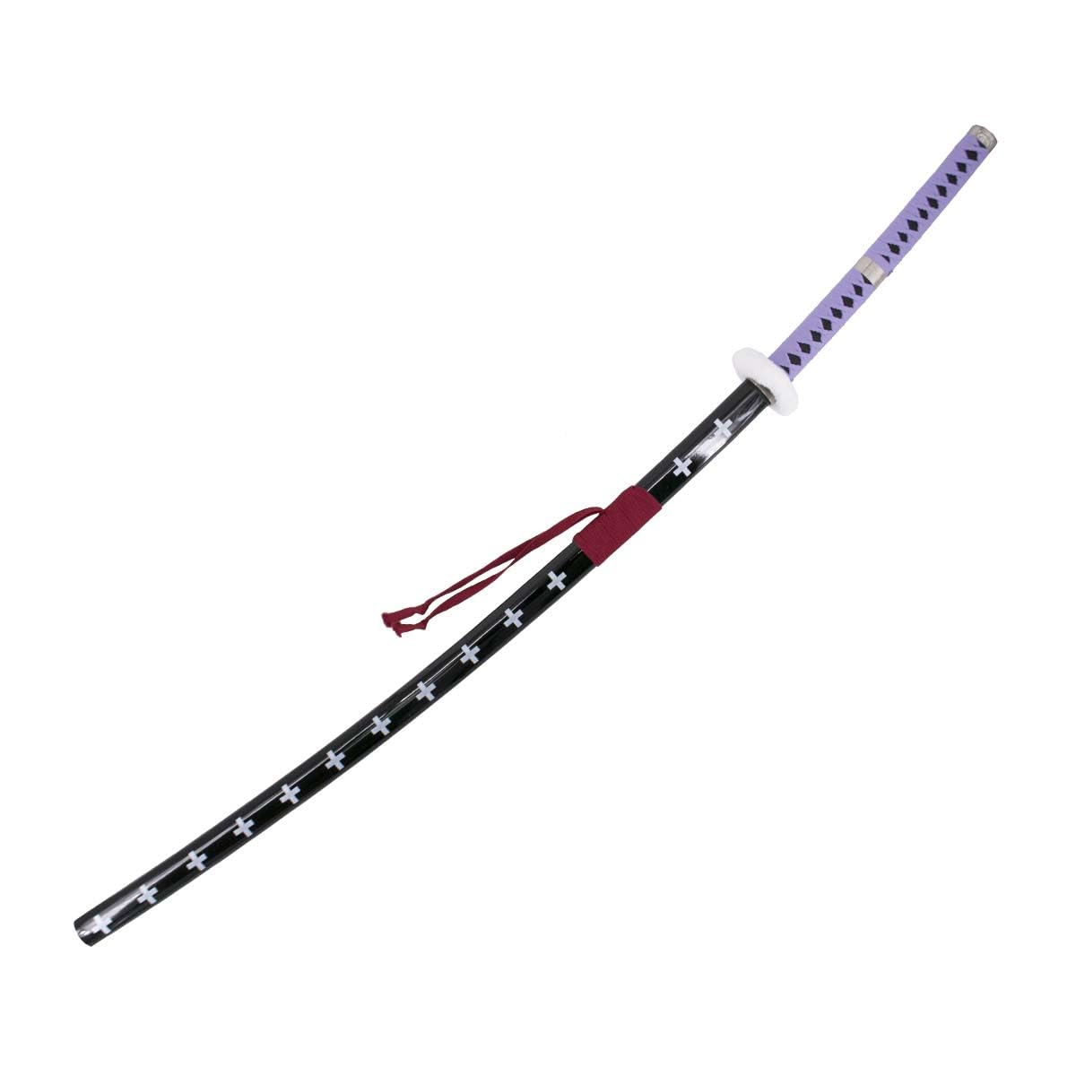 Dekoratives Katana S5042 von Trafalgar Law aus One Piece, inoffizielle Replik, 140 cm Schwarze Stahlklinge mit satiniertem Schnitt, lila Kordelgriff und mit Samt bezogene Tsuba, inklusive Ständer.