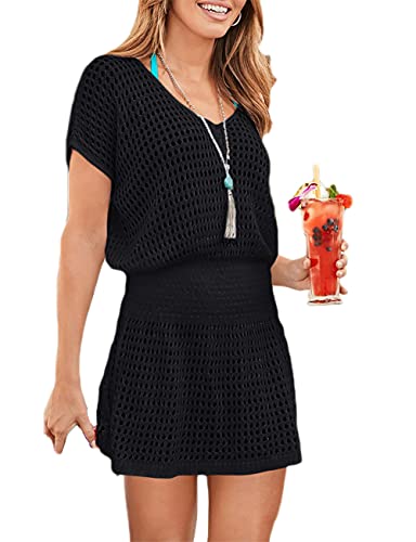 Bsubseach Women Hollow Out Beach Swimsuit Cover Ups Short Sleeve V Neck Bikini Vacation Tunic Dress Black