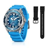 NORTH EDGE Triton-TI Titanium Solar Dive Watch 300M with 24mm Extra-Long Silicone Strap, Blue Watch and Black Strap