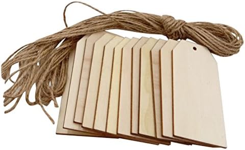 Healifty 50Pcs DIY Square Wooden Tags Hanging Wood Ornaments with 10M Linen Rope for Party Decor 40 x 80MM