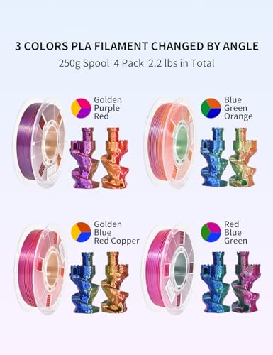 Image of RAMBERY Tricolor PLA 3D Printer Filament Bundle 1.75mm, 250g x 4 Spools | Silk PLA, Shiny Multicolor, Triple Color Change by Angle, Toughness Upgraded