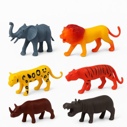 Image of 6-Pcs Small Jungle & Forest Animal Toy Set for Kids | Full Action Wild Animal Figures - Cartoon Lion, Tiger, Elephant |Miniature Zoo Animals for Boys & Girls Age 2-5 Years | Pretend Play Set