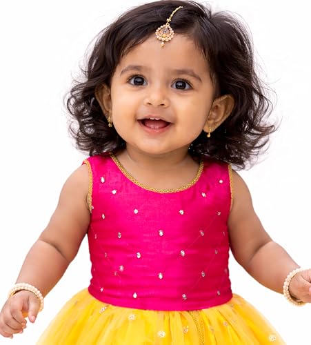 Image of Girls Designer Lehenga Choli Set Orange Rani Pink Readymade Pattu Pavadai Style Traditional Ethnic Dress for Baby Girls Kids Festive Wedding 3Months-8 Years