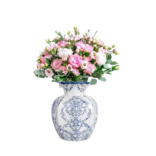 Juyuspesrk Chinoiserie Ceramic Vase Blue and White Vase Vintage Vases Flower Vase for Centerpiece Chinese Cute Vases for Living Room Office Home Decor French Country Decor (Blue White Small)