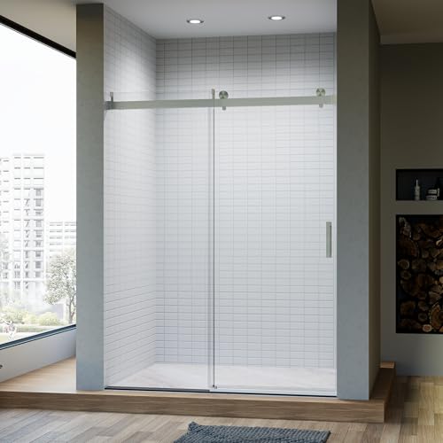 Image of Findepot 56-60 inch W x 76 inch H Frameless Single Sliding Glass Shower Doors Soft-Close with Buffer, Reversible Installation and 3 /8 inch(10mm) ANSI Clear Tempered Glass, Brushed Nickel Finish