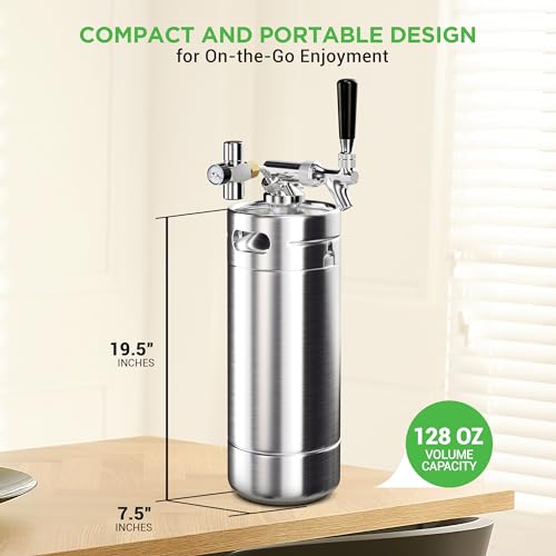 NutriChef Pressurized Growler Tap System, 128oz Stainless Steel Mini Keg Dispenser Portable Kegerator Kit, Co2 Pressure Regulator Keeps Carbonation for Craft Beer, Draft and Homebrew