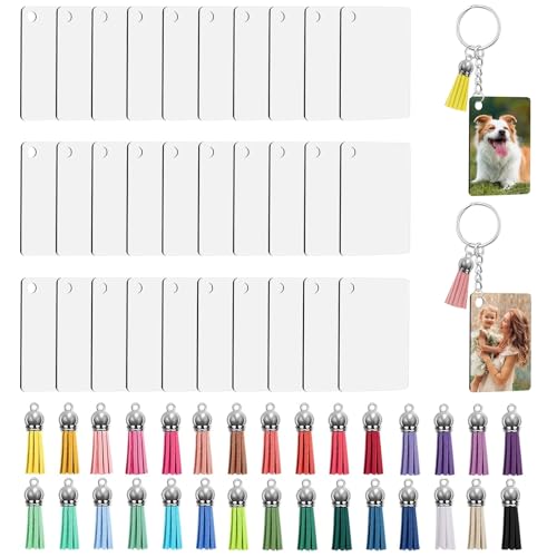 ANBOWEI 120pcs Sublimation Blanks Keyring Set with Heat Transfer MDF Blanks Rectangular Double Sided Printed Colourful Tassels Jump Rings and Key Rings for DIY Keychain Gift Crafts Making