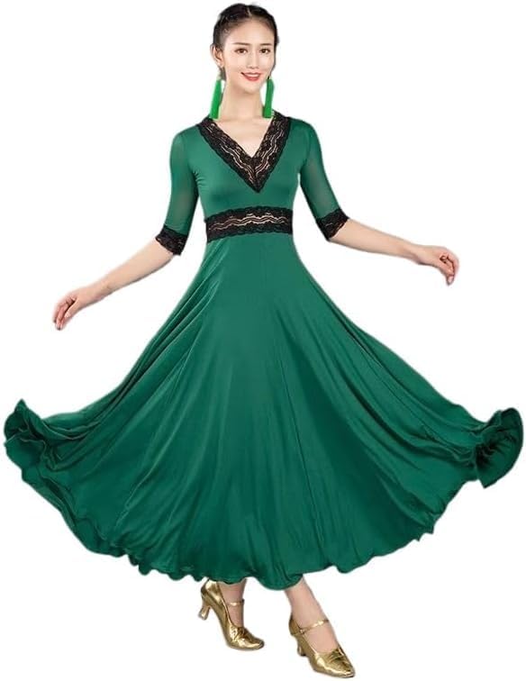 HEARTTOUCH Women's Long Ballroom Dance Dress Swing Skirt Modern Waltz Tango Dresses for Dance Competition Performances Events