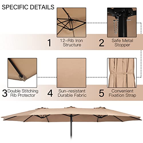 Image of Tangkula 15FT Double-Sided Patio Umbrella with Base, Extra-Large Market Umbrella W /Crank System, Outdoor Twin Umbrella W / 12-Rib Metal Structure & Air Vents for Garden, Backyard, Poolside (Tan)