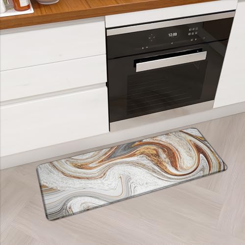 tubeamin Kitchen Mats for Floor Anti Fatigue Floor Marble Cushioned Memory Foam Non Slip PVC Leather Padded Comfort Standing Rugs 17.3x47 Inch, Abstract Golden Swirl Design, 1/2 Inch Thick
