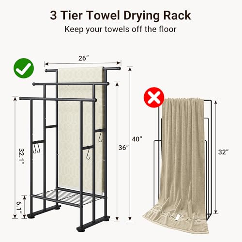 ELYKEN-3-Tier-Freestanding-Towel-Rack-with-Shelf-40-H-Towel-Stand-Black-Metal-Drying-Rack-for-Oversized-Bath-Towels-Blankets-4-Hooks-Indoor-Outdoor-Use-Fits-Bathroom-Tub-Shower-Poolside