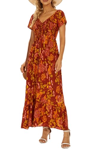 Image of Summer Smocked Boho Maxi Dress for Women 2026 Short Sleeve Floral Smocked Flowy Ruffled Beach Vacation Dresses Lightweight