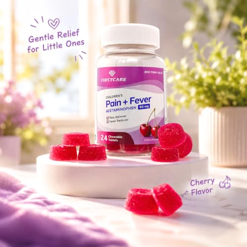 Image of FirstCare Children's Pain Reliever & Fever Reducer, Gummy-Like Soft Chewable Tablets, Easy-to-Take Acetaminophen 80 mg for Kids Ages 2-11, Cherry Flavor, 24 Count