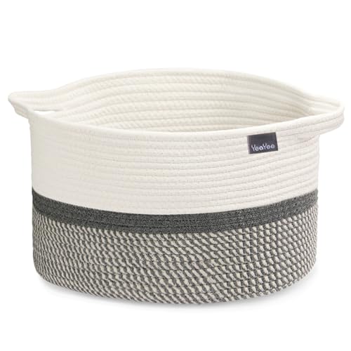 Image of YeaYee Small Square Cotton Rope Storage Basket With Handles For Nursery Baby Toys Cloth Pet Blanket,13.5" x 11" x 9.5" Rectangle Woven Organizer For Living Room, Laundry, Bedroom, Shelf, Gift Baskets