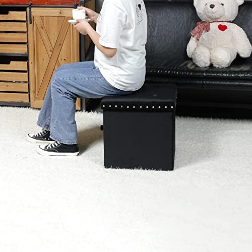Bonlife Velvet Folding Ottoman Storage with Lid,Cube Storage Boxes with Coffee Table,Footstool Seat for Living Room,Black,40x40x40cm