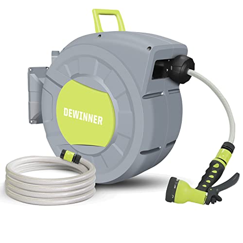 DEWINNER Enrouleur de Tuyau D'arrosage, Automatique 25 + 2M Enrouleur Automatique Mural avec Buse de Pulvérisation, Support de Rembobinage Automatique, Usage Intensif, Arrosage Extérieur de Tuyau