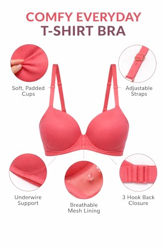 Image of Women's Padded T-Shirt Bra | Seamless Everyday Comfort Bra | Lightly Lined, Wire-Free, Smooth Fit | Soft Stretch Fabric