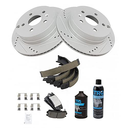 Image of TRQ Rear Performance Brake Pad & Rotor Kit, with Chemical Kit Parking Brake Shoe Set Ceramic Premium G-Coated Compatible with 2010-2017 Chevrolet Equinox GMC Terrain