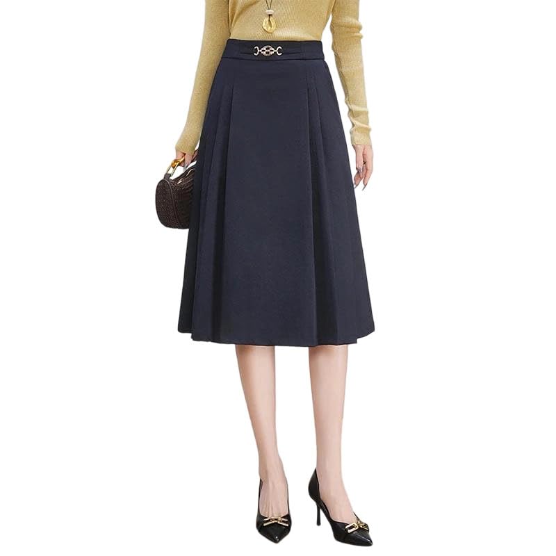 Womens Solid A-Line Skirt Elastic High Waist Midi Fashion Work Wear Skirt Spring Autumn